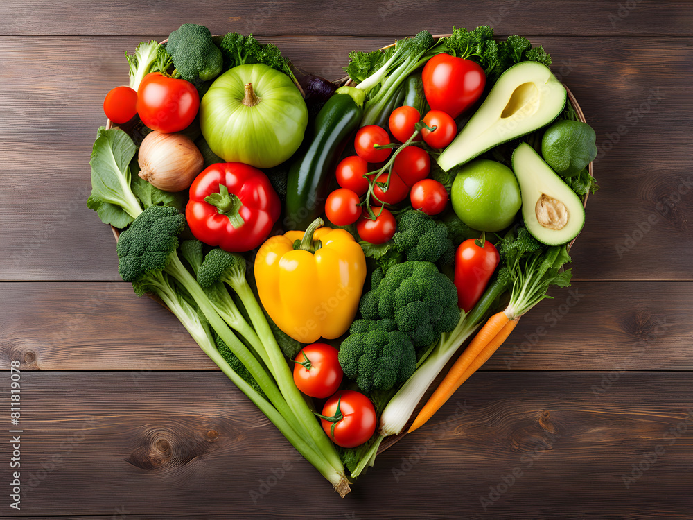 heart of vegetables and fruits on wooden table flatlay top view heart of vegetables and fruits on wooden table flatlay top view