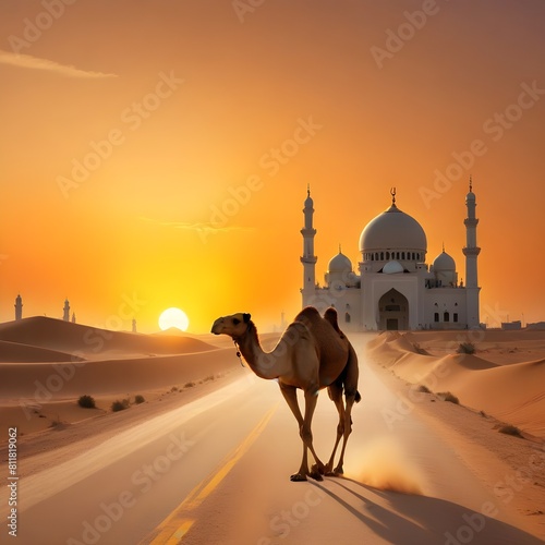A camel is silhouetted against a sunset mosque background