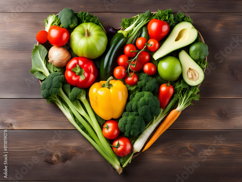 heart of vegetables and fruits on wooden table flatlay top view