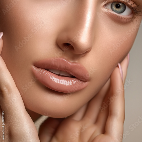 Photorealistic Beauty Close-up, Well-Groomed Hands with Manicure and Fresh Young Face, Soft Flattering Light