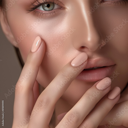 Photorealistic Beauty Close-up  Well-Groomed Hands with Manicure and Fresh Young Face  Soft Flattering Light