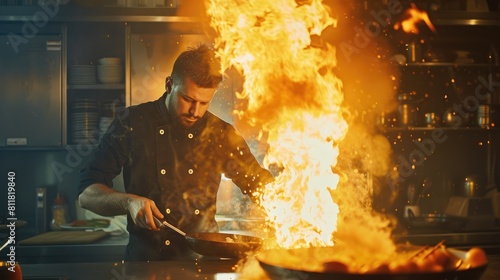 Photo of chef working and using wok stirring vegetables. Cook in uniform cooking food by holding wok with fire at modern kitchen. Close up of asian chef hand cooking and burning meat with fire. AIG42. photo