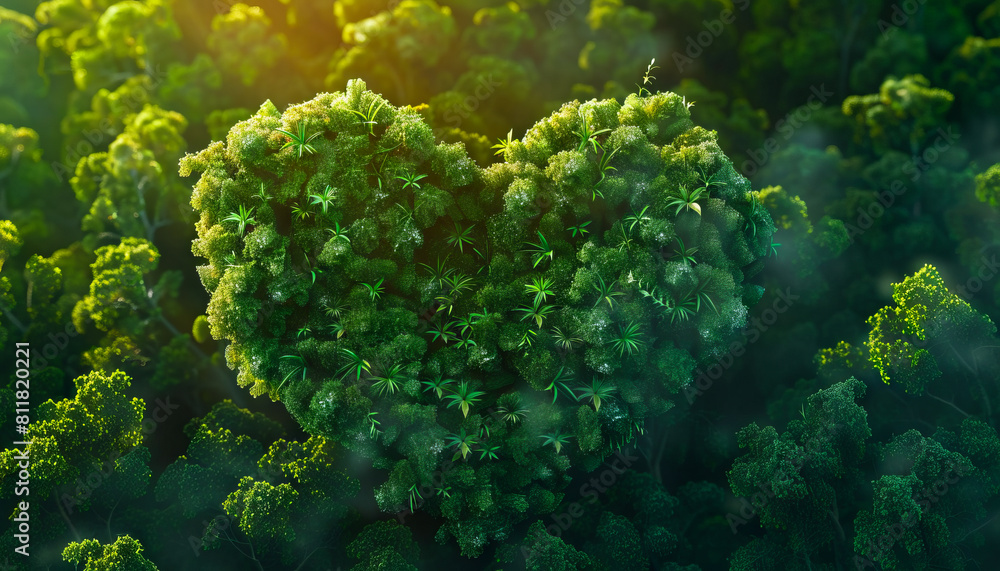 A heart shaped forest with green trees.