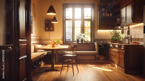 A cozy corner breakfast nook bathed in the soft glow of pendant lights.