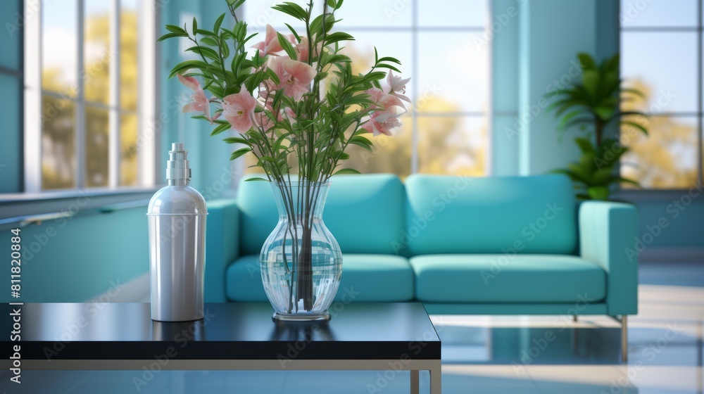 Interior of modern living room with green sofa and flower in vase