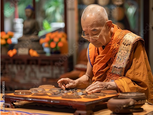 A Buddhist monk in ornate robes intently focuses on a traditional ritual table setup, surrounded by peaceful temple decorations.