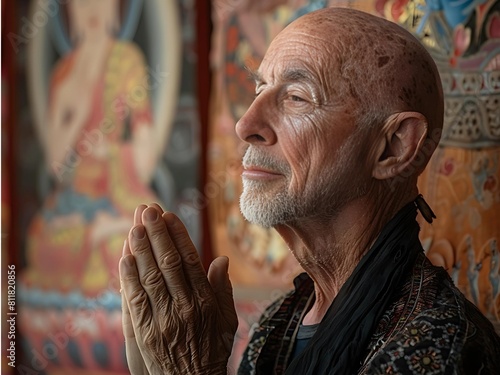 An elderly man with a contemplative expression prays with clasped hands, set against a backdrop of vibrant religious murals.