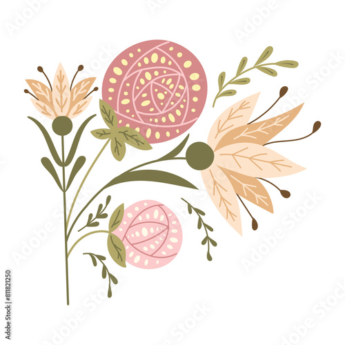Abstract floral asymmetrical composition in folk fantasy style. Vector flat hand drawn illustration in muted colors and boho style isolated on white background. Ideal for home decor or printout