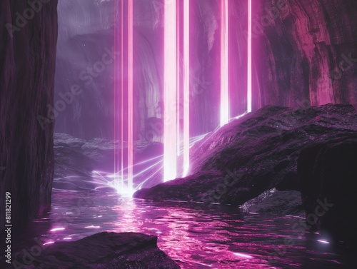 Ethereal pink beams of light cascading into a surreal, dark cavern with a reflective pink liquid surface. © cherezoff