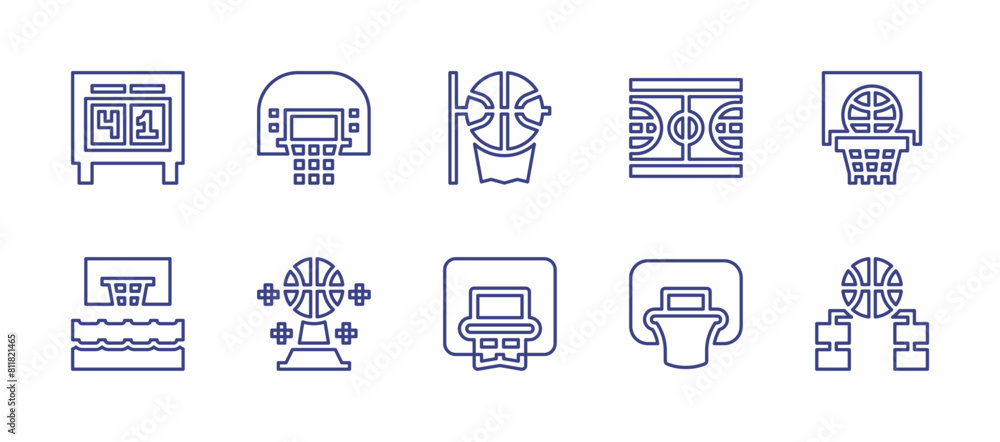 Basketball line icon set. Editable stroke. Vector illustration. Containing basketball, basketball court, water basketball, hoop, scoreboard, hierarchy, ball.