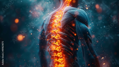 A detailed illustration of the pain in the lumbar spine and spinal cord, focusing on human back pain The image highlights the spinal cord injury pain in sacral region, depicted in glowing redorange to photo