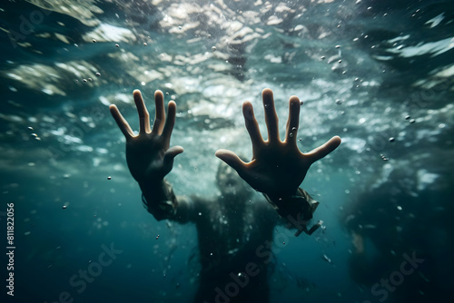 A man's hand under water. The hand of a drowning man in the water. A drowning man in the depths of the sea. photo