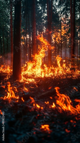 Forest on fire, hot summer day，Blazing Forest Inferno - Captivating 4K Wallpaper for Hot Summer Days 