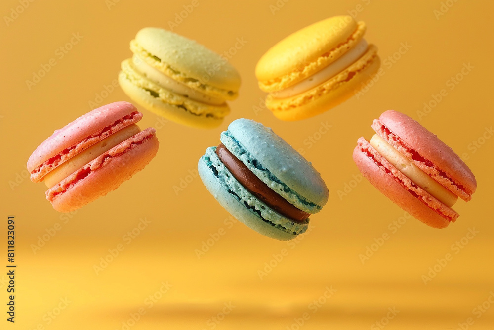 mini colorful Macarons, floating on yellow background mini colorful Macarons, floating on yellow background