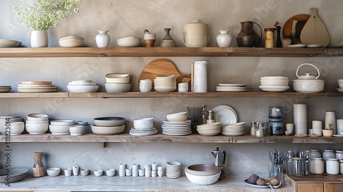 Artfully arranged open shelving displaying curated kitchenware and decorative accents.