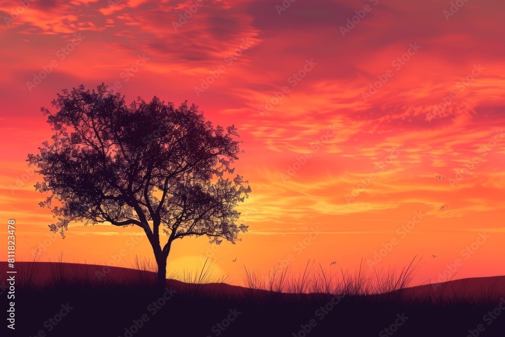 A striking illustration of a lone tree standing in contrast to a stunning orange and pink sunset sky. A striking illustration of a lone tree standing in contrast to a stunning orange and pink sunset sky.