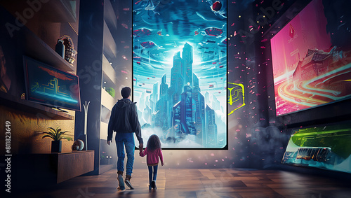 The family returns from a walk to a hotel room wirh big LED TV overlooking a huge, futuristic skyscraper. Fantasy illustration, future, parenting, travel.