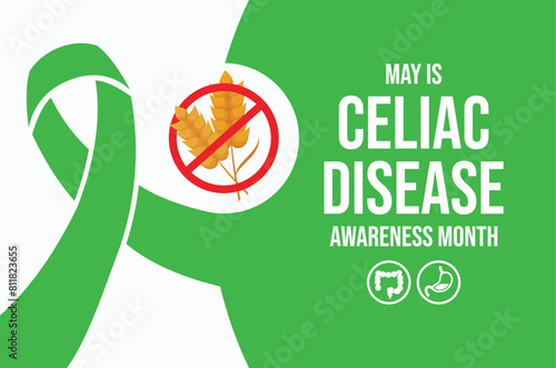 May is Celiac Disease Awareness Month poster vector illustration. Green awareness ribbon and digestive system icon. Gluten intolerance symbol. Template for background, banner, card. Important day