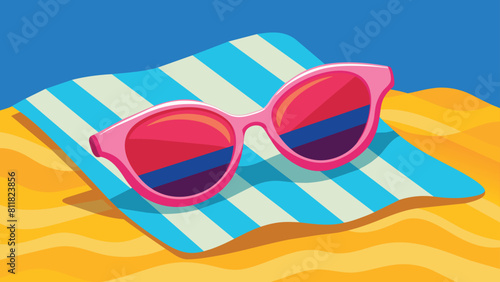 Pair of pink stylish sunglasses on a striped beach towel, vector cartoon illustration.