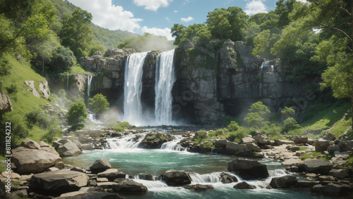 A waterfall in a forest. The waterfall is cascading over a cliff into a pool of water  with a small river flowing out of the pool.