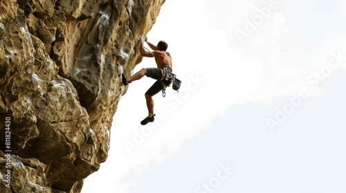A man is climbing a rock wall