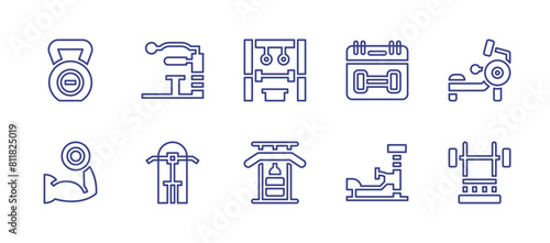 Gym line icon set. Editable stroke. Vector illustration. Containing lifting, homegym, rowingmachine, gym, gymbars, gymmachine.