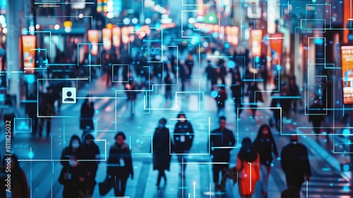 Business people walking on a busy urban street, tracked by technology. CCTV cameras use AI facial recognition for big data analysis, scanning and displaying important information.