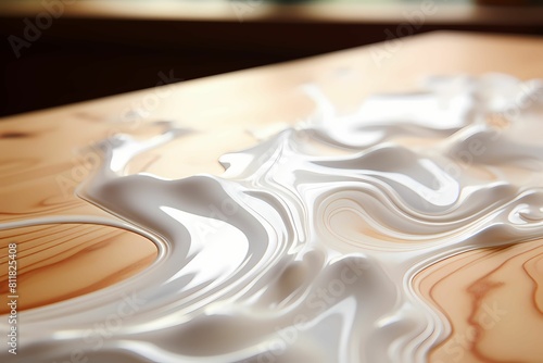 White paint splashing on wooden table in coffee shop, closeup photo