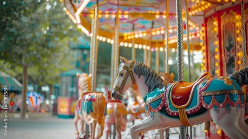 Vibrant Carousel Horses in Amusement Park Setting © Oksana Smyshliaeva