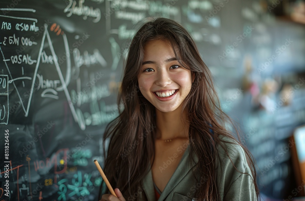 A woman with long hair is smiling and holding a chalk in front of a chalkboard with various writings on it. A woman with long hair is smiling and holding a chalk in front of a chalkboard with various writings on it.