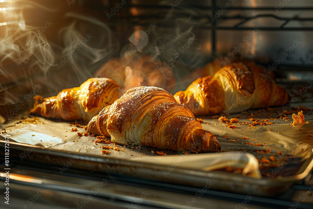 Croissants baking in an oven. Croissants baking in an oven.