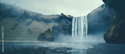 Scenic waterfall in front of a beautiful landscape, created with AI