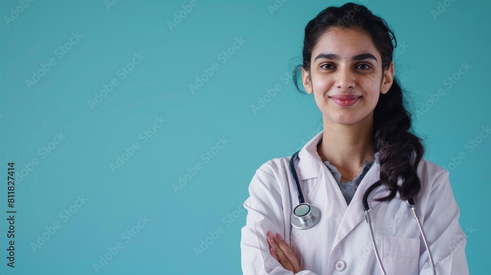 Medical concept of Indian beautiful female doctor in white coat with stethoscope, waist up. Medical student. Woman hospital worker looking at camera and smiling, studio, blue background Medical concept of Indian beautiful female doctor in white coat with stethoscope, waist up. Medical student. Woman hospital worker looking at camera and smiling, studio, blue background