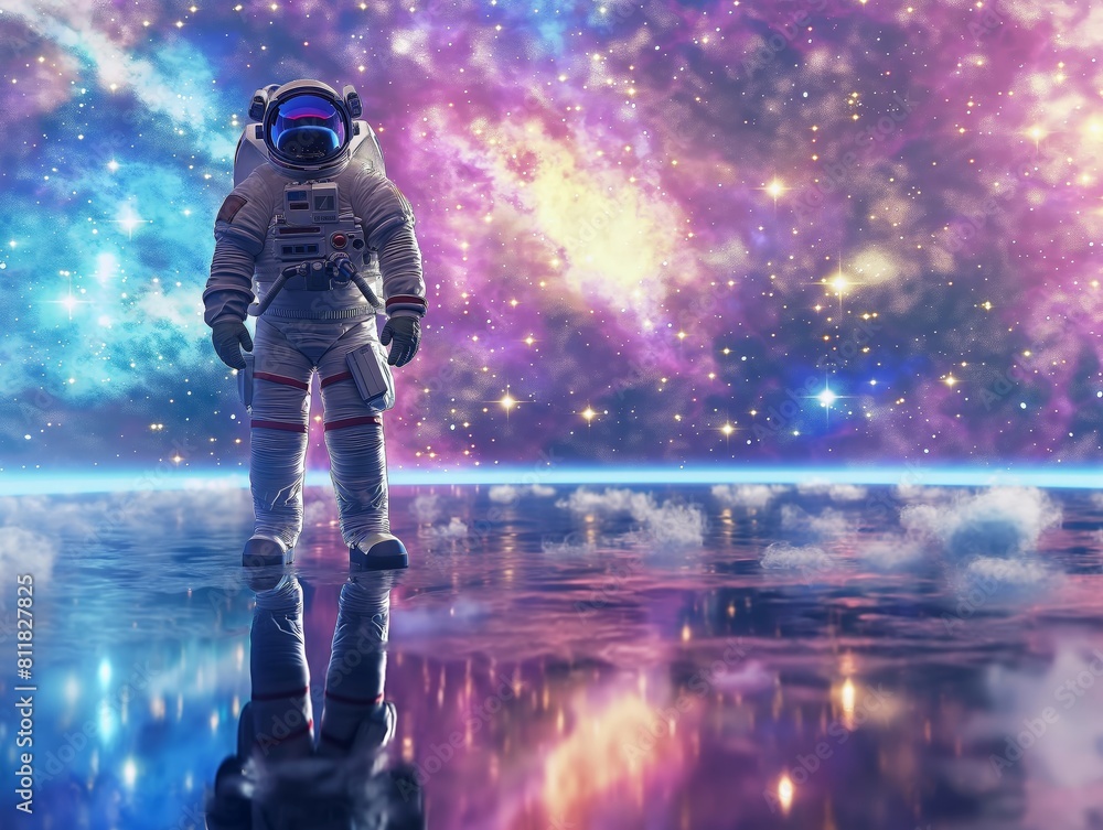 An astronaut stands on a reflective surface gazing at a vibrant cosmic backdrop, representing exploration and wonder.