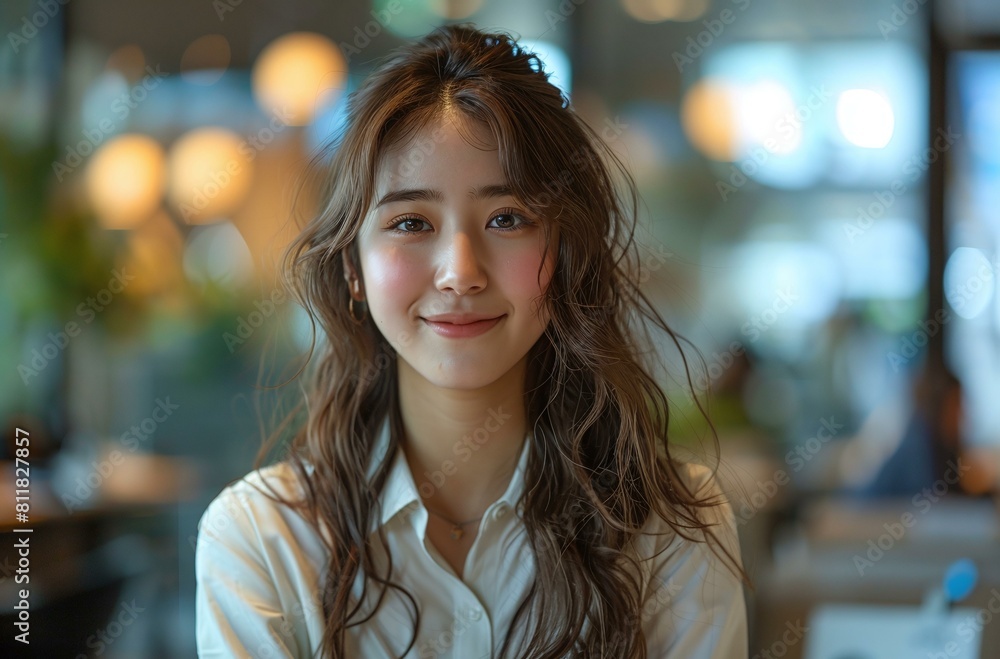 A woman with long hair and a white shirt is smiling for the camera. A woman with long hair and a white shirt is smiling for the camera.