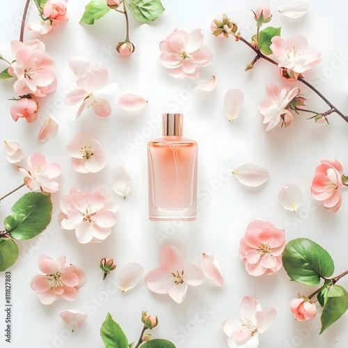 bottle of perfume with pink flower isolated on white background feminine perfume with flowers on white background