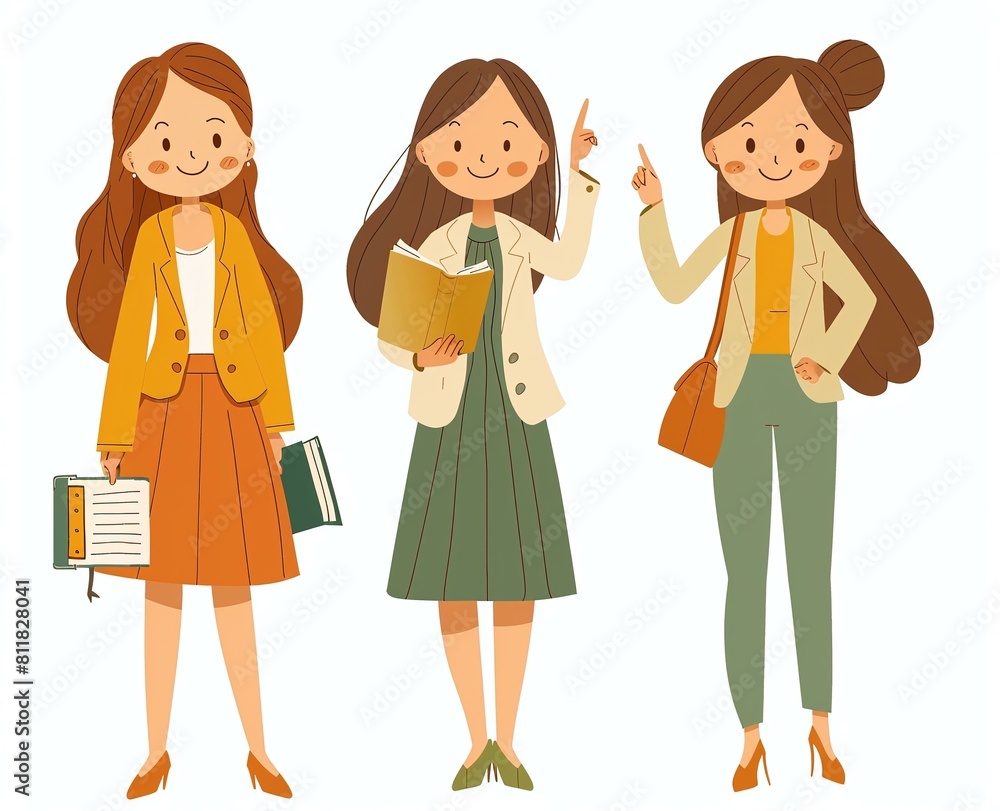 Four women wearing business suits and holding books and handbags. Four women wearing business suits and holding books and handbags.