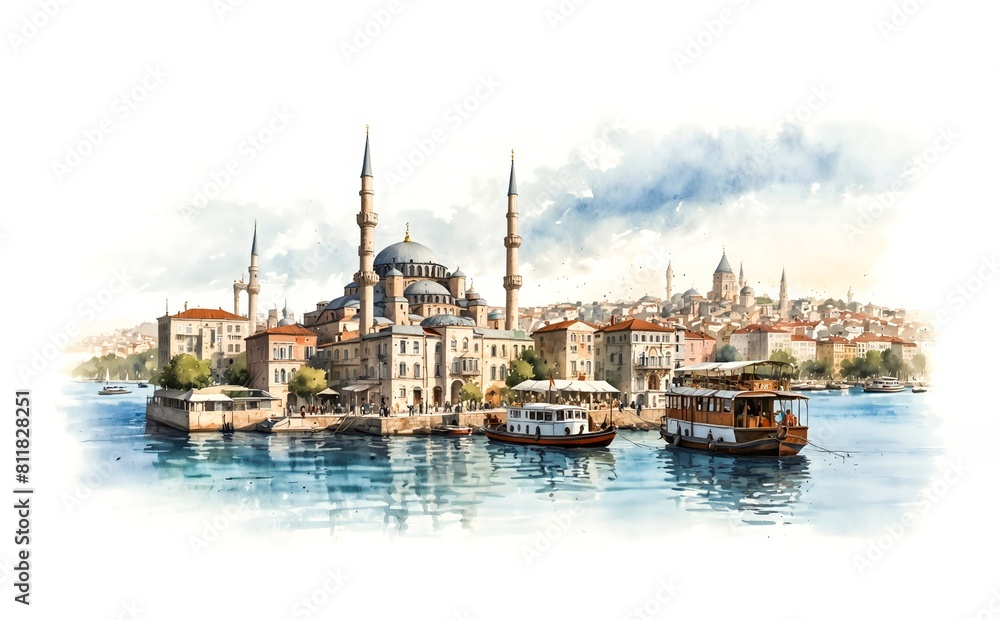 district tower city, panorama of old Istanbul. Watercolor sketch