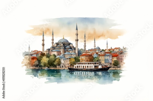 city skyline panorama of old Istanbul. Watercolor sketch
