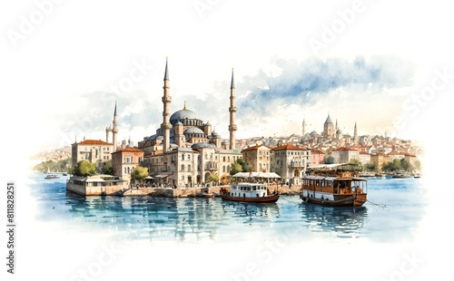 district tower city, panorama of old Istanbul. Watercolor sketch