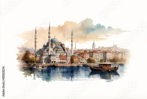 panorama country of old Istanbul. Watercolor sketch. district tower city. Watercolor sketch photo