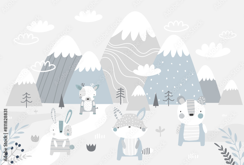 Vector children hand drawn mountain and cute forest animals illustration. Deer, bear, fox, bunny. Mountain landscape. Children's forest wallpaper. Mountainscape, children's room design, wall decor. Vector children hand drawn mountain and cute forest animals illustration. Deer, bear, fox, bunny. Mountain landscape. Children's forest wallpaper. Mountainscape, children's room design, wall decor.
