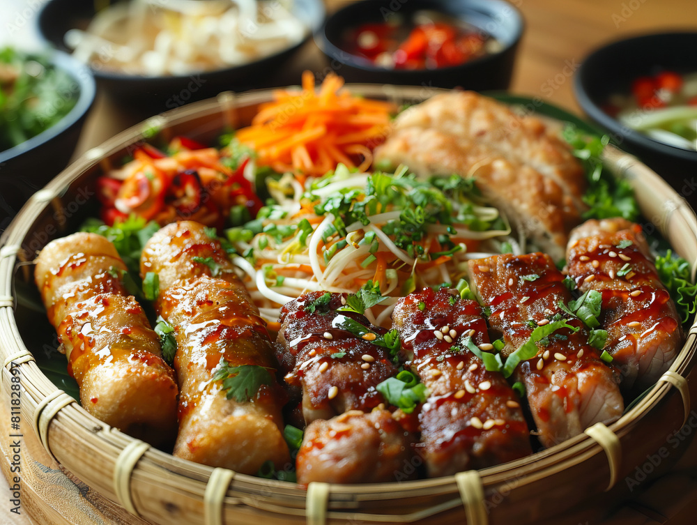 A bowl of food with meat and vegetables. A bowl of food with meat and vegetables.
