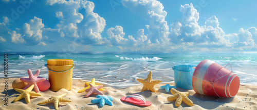 A colorful array of beach toys and flip-flops on the sand, summer banner wallpaper photo