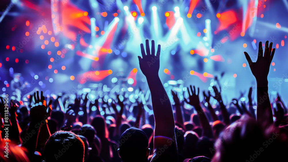 Enthusiastic crowd at a live concert with raised hands enjoying the performance under vibrant stage lights. Enthusiastic crowd at a live concert with raised hands enjoying the performance under vibrant stage lights.