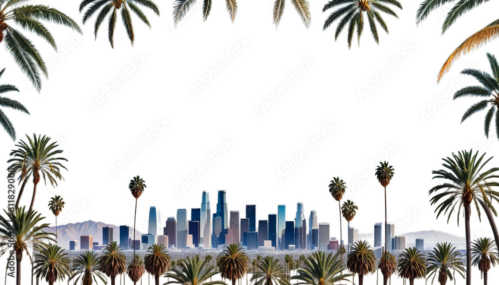 palm foreground skyline los trees angeles california skyscraper city pollution horizontal climate change architecture sunset tree sunrise beach america american building business coast day downtown