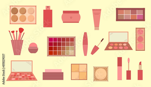 Set of decorative cosmetics. Eyeshadow palette, blush, mascara, gloss, lipstick, cream, make up brushes