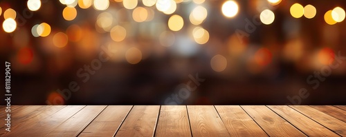 Warm Ambiance: Wooden Table Top with Blurry Golden Lights in Background Banner