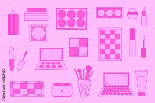 Set of decorative cosmetics. Eyeshadow palette, blush, mascara, gloss, lipstick, cream, make up brushes
