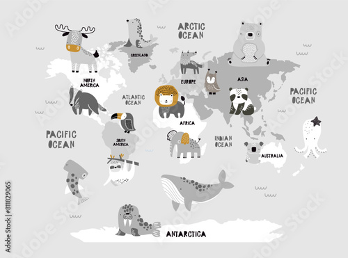 Vector world map for kids with cute animals. Children's map design for wallpaper, kid's room, wall art. America, Europa, Asia, Africa, Australia, Arctica. illustration. Animal world. Continents.